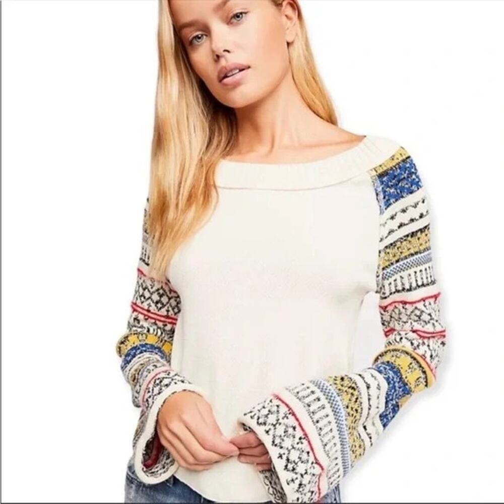 Free People Off-the-Shoulder Sweater - Cream with Multicolor Patterns
